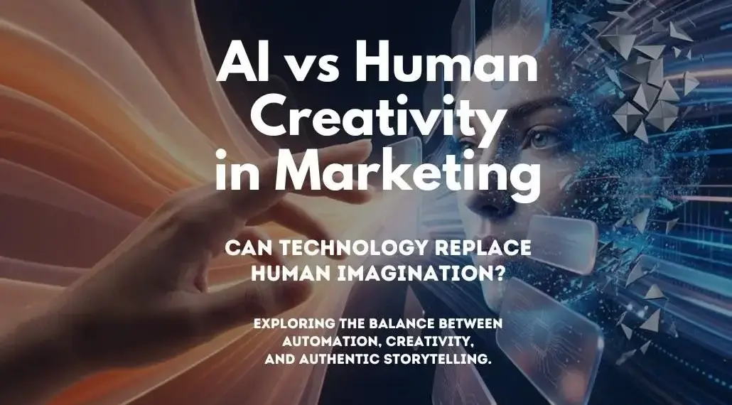 Hero banner: a hand reaches toward glowing digital icons and blue light, with the title 'AI vs Human Creativity in Marketing' and subtitle about automation vs imagination.