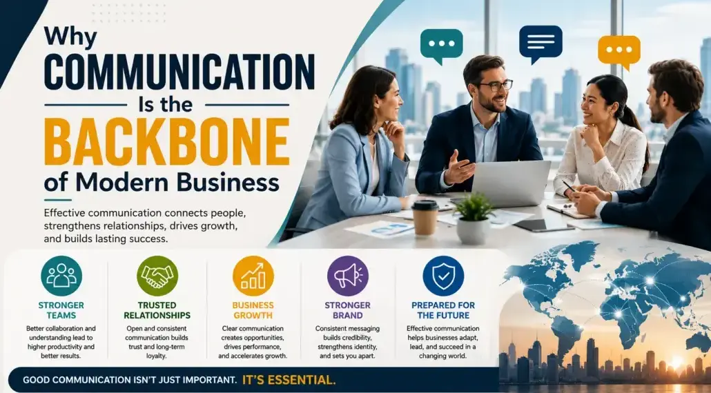 Banner promoting the importance of communication in modern business with a team discussion image on the right and bold headline on the left: ‘Why Communication Is the Backbone of Modern Business.’