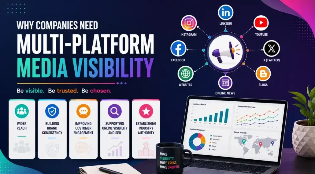 Infographic with a central megaphone connected to social icons (Instagram, LinkedIn, YouTube, Facebook, X, Blogs, Online News) to show cross-platform visibility.