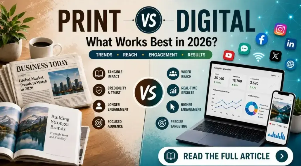 Print vs digital infographic: compares tangible print benefits with digital reach and engagement for 2026 marketing success.