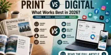 Print vs digital infographic: compares tangible print benefits with digital reach and engagement for 2026 marketing success.