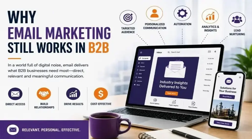 Banner titled 'Why Email Marketing Still Works in B2B' showing a laptop and smartphone with inbox visuals and icons for Direct Access, Build Relationships, Drive Results, and Cost-Effective.