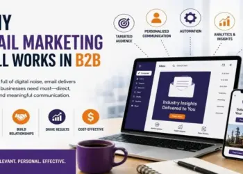Banner titled 'Why Email Marketing Still Works in B2B' showing a laptop and smartphone with inbox visuals and icons for Direct Access, Build Relationships, Drive Results, and Cost-Effective.
