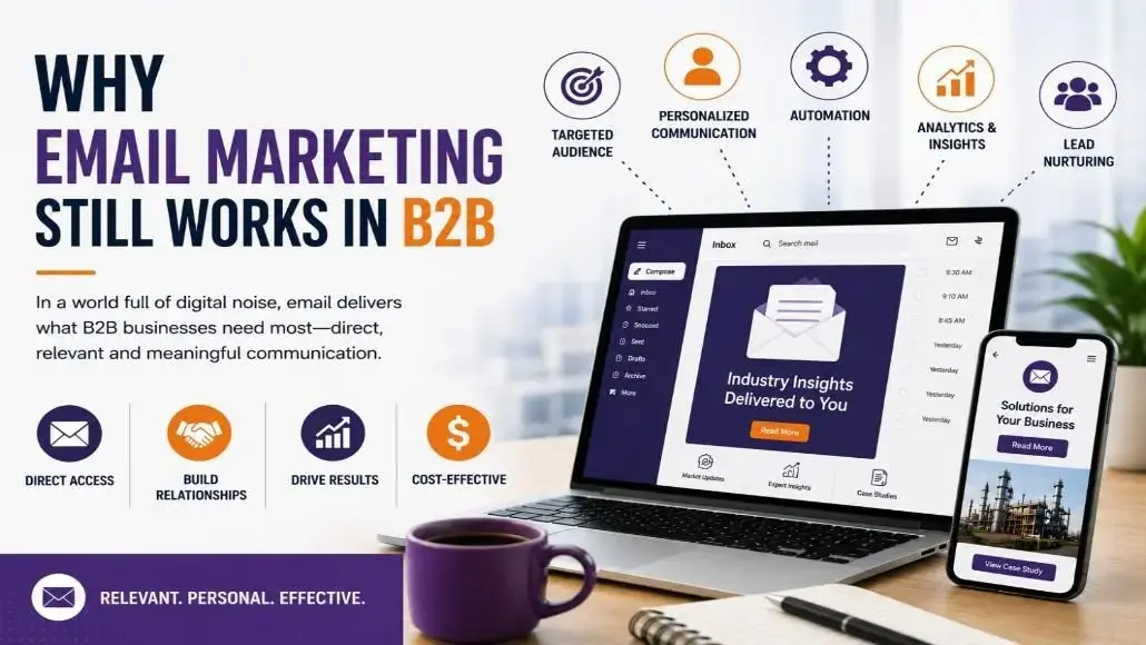 Banner titled 'Why Email Marketing Still Works in B2B' showing a laptop and smartphone with inbox visuals and icons for Direct Access, Build Relationships, Drive Results, and Cost-Effective.