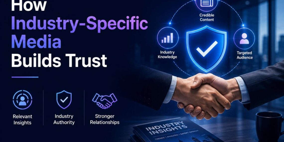 Headline reads 'How Industry-Specific Media Builds Trust' with a glowing blue shield and handshake representing trust in a dark office setting.