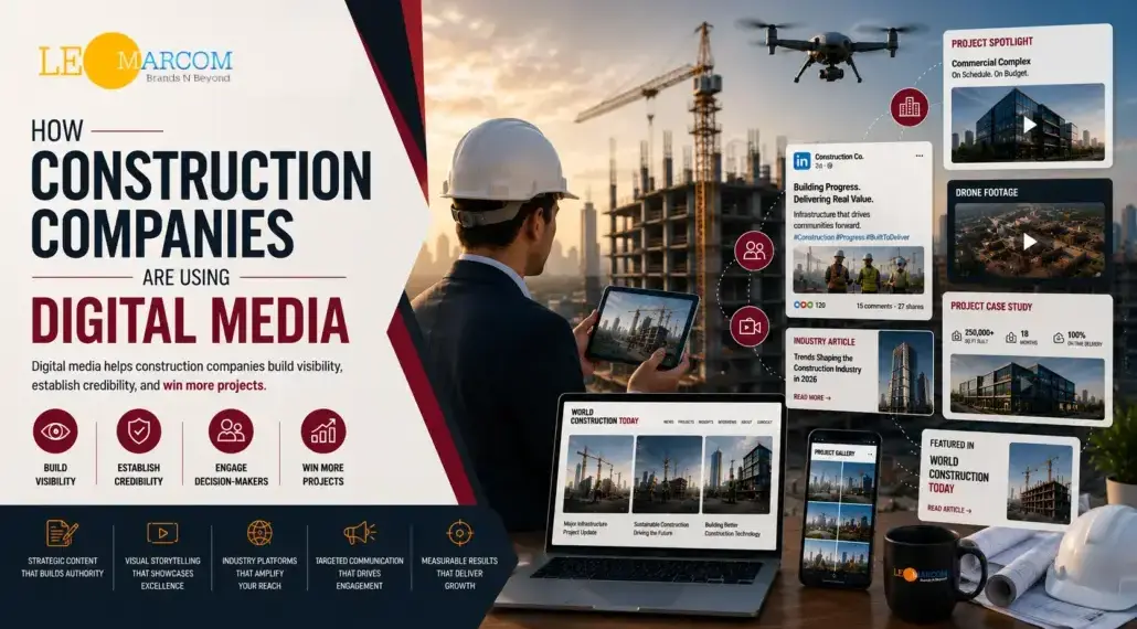 Construction site scene with a man in a hard hat using a tablet while digital-media dashboards appear on the right side of the image