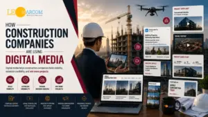 Construction site scene with a man in a hard hat using a tablet while digital-media dashboards appear on the right side of the image