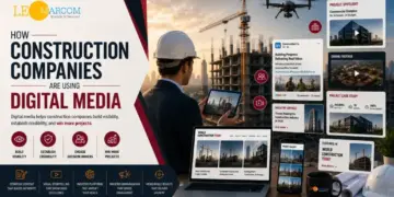 Construction site scene with a man in a hard hat using a tablet while digital-media dashboards appear on the right side of the image
