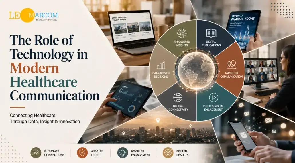 Brand banner about technology in modern healthcare communication, featuring a circular infographic and device imagery.
