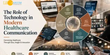 Brand banner about technology in modern healthcare communication, featuring a circular infographic and device imagery.