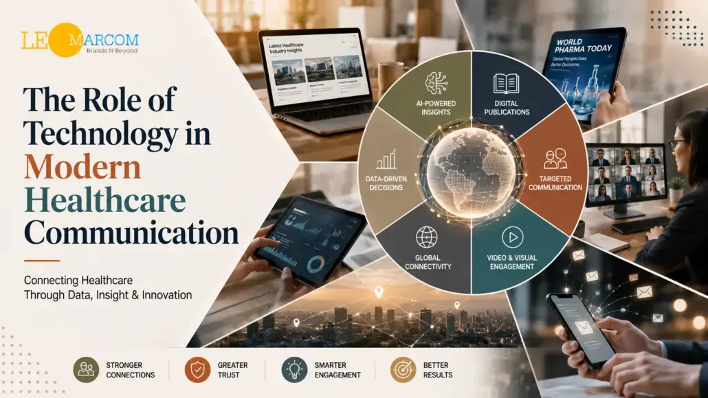 Brand banner about technology in modern healthcare communication, featuring a circular infographic and device imagery.
