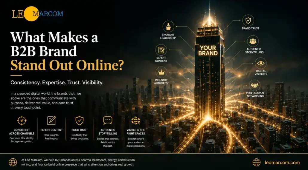 Hero image showing a dark city skyline with a glowing central skyscraper labeled 'YOUR BRAND' and connected icons for brand attributes across the buildling and skyline.