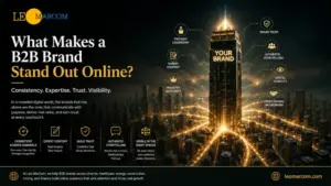 Hero image showing a dark city skyline with a glowing central skyscraper labeled 'YOUR BRAND' and connected icons for brand attributes across the buildling and skyline.