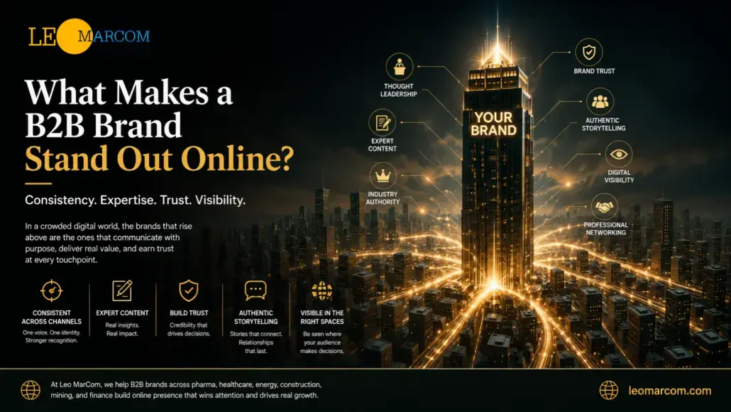 Hero image showing a dark city skyline with a glowing central skyscraper labeled 'YOUR BRAND' and connected icons for brand attributes across the buildling and skyline.
