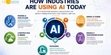 Infographic showing how industries use AI, with a central AI circle and six sector blocks (Pharma & Healthcare, Energy & Power, Construction & Mining, Finance & Telecommunications, Packaging).