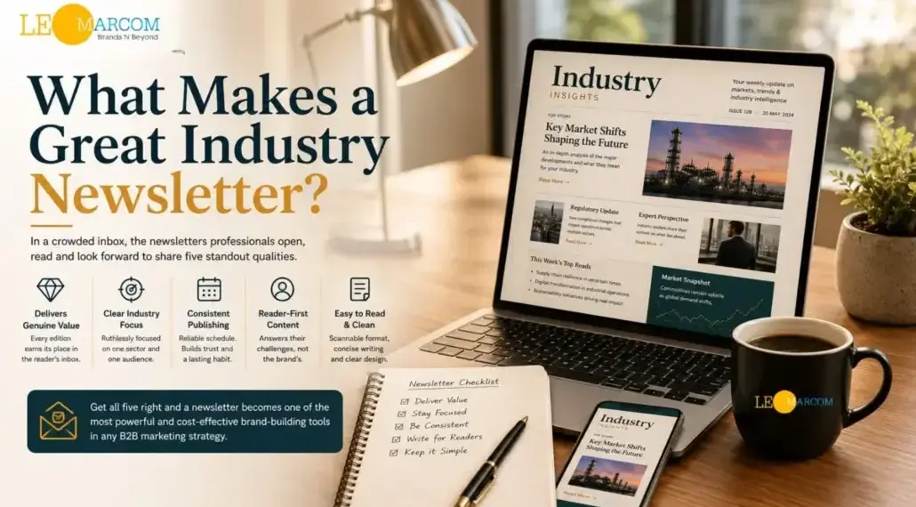 Promotional desk scene about an industry newsletter: large headline, icons, laptop showing Industry Insights, notebook, phone, and coffee mug on a wooden desk.