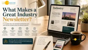 Promotional desk scene about an industry newsletter: large headline, icons, laptop showing Industry Insights, notebook, phone, and coffee mug on a wooden desk.