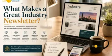 Promotional desk scene about an industry newsletter: large headline, icons, laptop showing Industry Insights, notebook, phone, and coffee mug on a wooden desk.