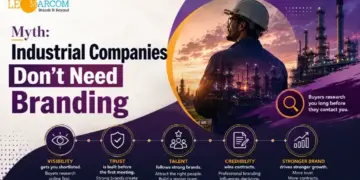 Infographic banner about branding for industrial companies: title ‘Myth: Industrial Companies Don’t Need Branding’; worker at sunset beside a refinery and five icons labeled Visibility, Trust, Talent, Credibility, Stronger Brand.