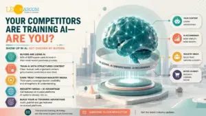 Infographic about AI training for competitors, with the headline 'Your competitors are training AI— are you?' and a glowing brain on a circular pedestal surrounded by bullet points on the left and right callouts.