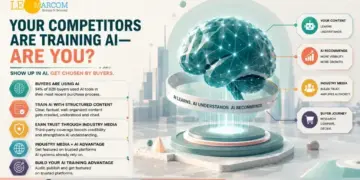 Infographic about AI training for competitors, with the headline 'Your competitors are training AI— are you?' and a glowing brain on a circular pedestal surrounded by bullet points on the left and right callouts.