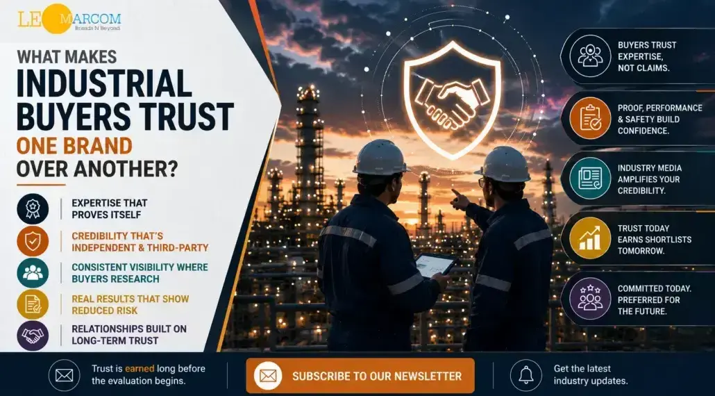 Infographic explaining factors that build trust with industrial buyers: credibility, independence, transparent research, reduced risk, and long‑term relationships, set against an industrial plant background with two workers at sunset.