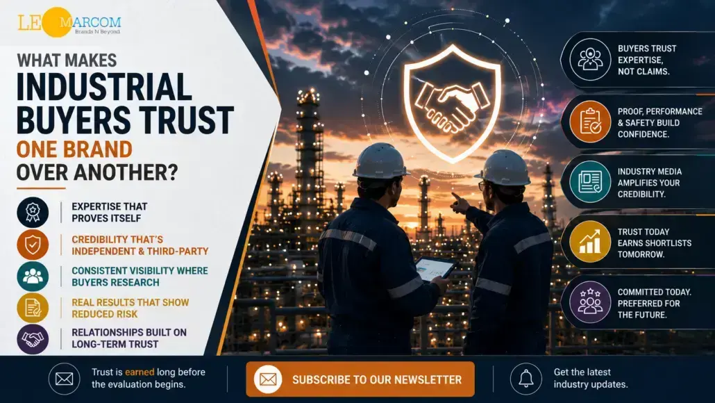 Infographic explaining factors that build trust with industrial buyers: credibility, independence, transparent research, reduced risk, and long‑term relationships, set against an industrial plant background with two workers at sunset.