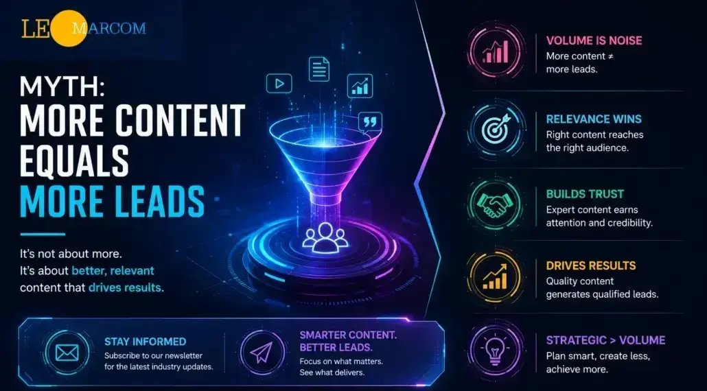 Marketing infographic with a glowing neon funnel and the headline 'MYTH: MORE CONTENT EQUALS MORE LEADS' on a dark blue background.
