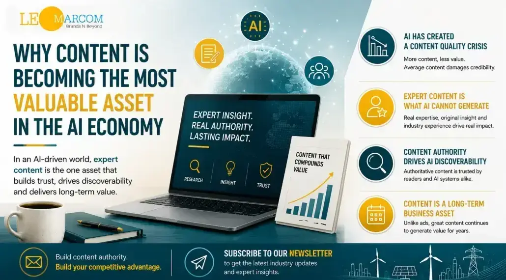 Infographic: Why content is valuable in the AI economy, with a laptop, chart, and right-side bullet icons about content authority, quality, and long-term value.