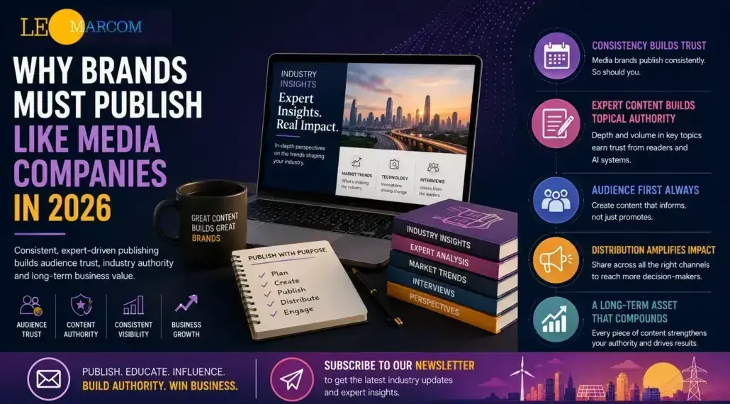 Infographic showing why brands must publish like media companies in 2026, with a laptop, notebook, mug, and stack of colorful books on a purple gradient background.