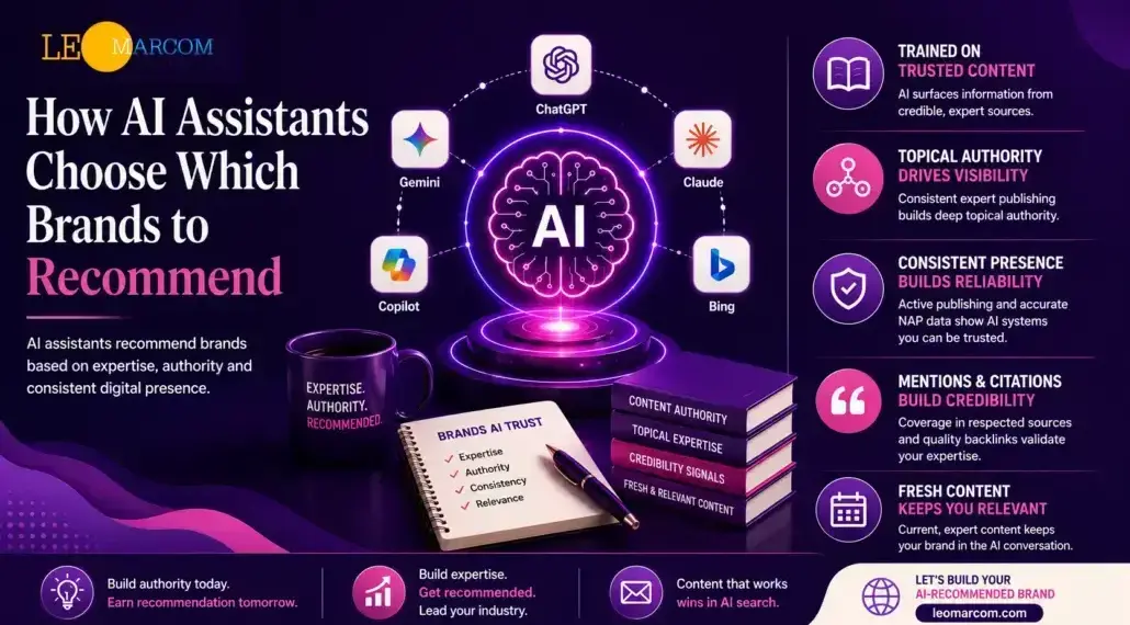 Infographic showing how AI assistants pick brands to recommend, with a glowing AI core, surrounding brand logos, and credibility notes on the right side.