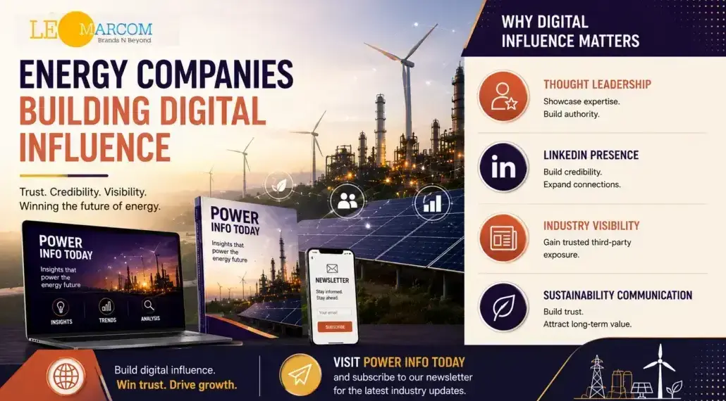 Banner promoting energy companies building digital influence with wind turbines, solar panels, and devices like laptop and phone on a sunset background.