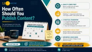 Poster: 'How Often Should You Publish Content?' with a calendar, coffee mug, and sticky note about consistency and quality guiding a right-side infographic flow.