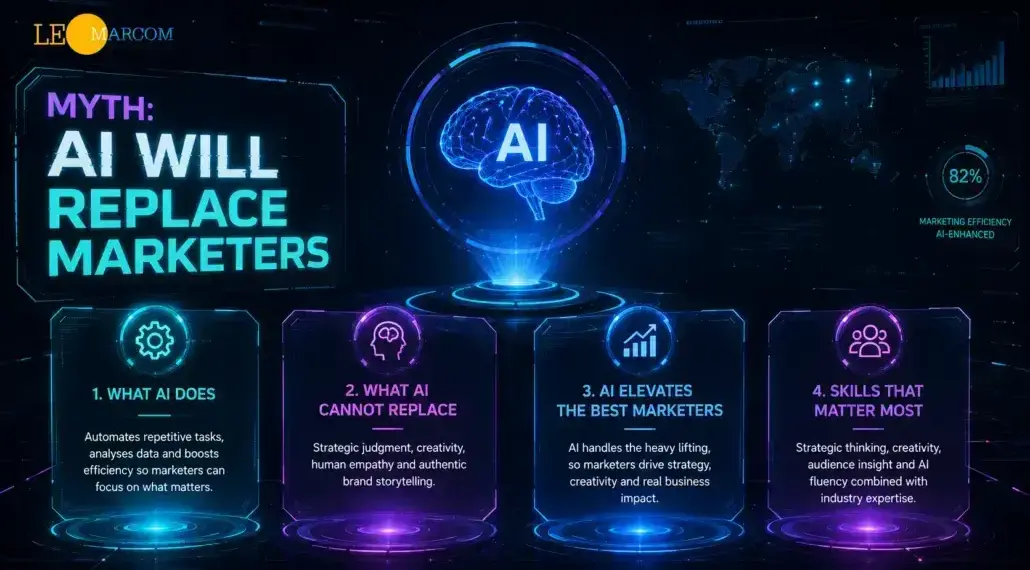 Infographic titled 'Myth: AI Will Replace Marketers' with four neon panels about AI capabilities and limits.