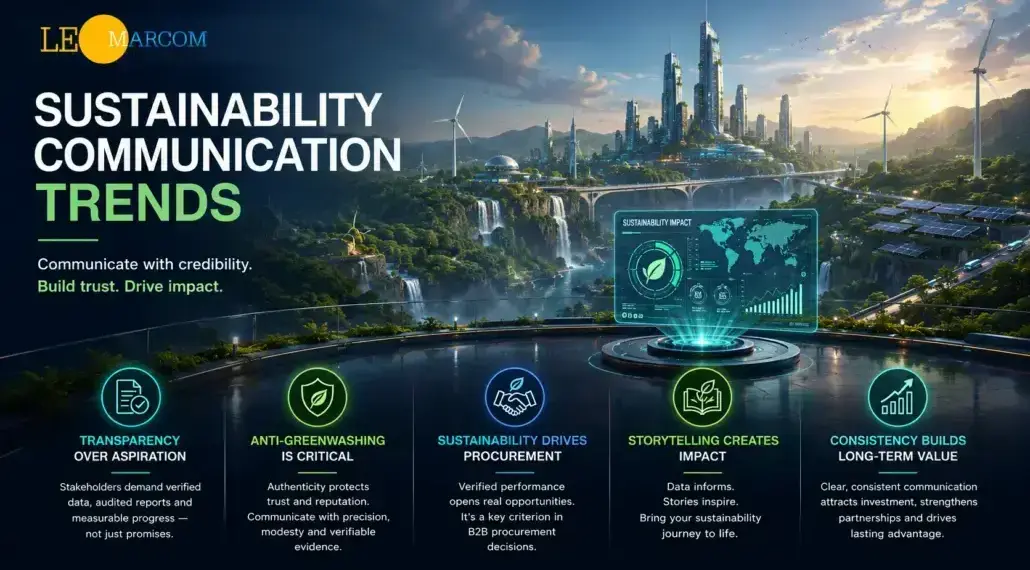 Banner titled 'Sustainability Communication Trends' with a futuristic cityscape and six circular icons highlighting transparency, anti-greenwashing, procurement, storytelling, and consistency.