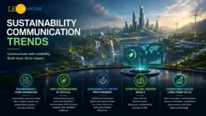 Banner titled 'Sustainability Communication Trends' with a futuristic cityscape and six circular icons highlighting transparency, anti-greenwashing, procurement, storytelling, and consistency.