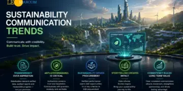 Banner titled 'Sustainability Communication Trends' with a futuristic cityscape and six circular icons highlighting transparency, anti-greenwashing, procurement, storytelling, and consistency.
