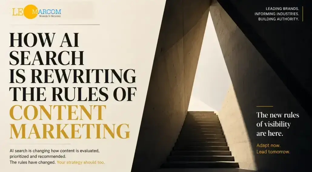 Banner ad: headline about AI search rewriting content marketing rules, with architectural stairwell on right and branding in the corner (LE MARCOM). But the key message is AI reshaping content marketing rules.