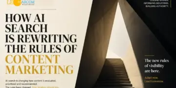 Banner ad: headline about AI search rewriting content marketing rules, with architectural stairwell on right and branding in the corner (LE MARCOM). But the key message is AI reshaping content marketing rules.