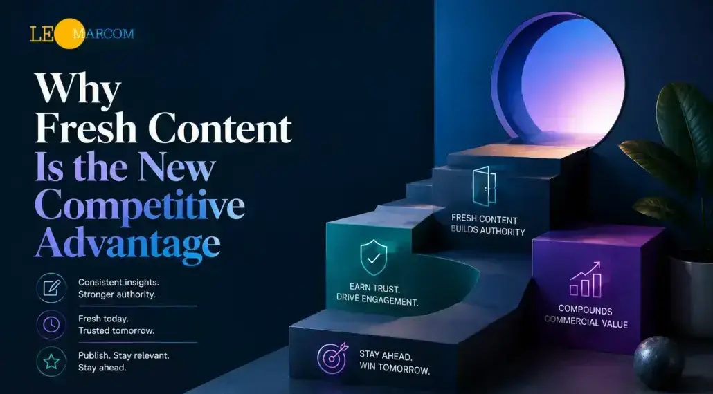 Marketing hero image announcing 'Why Fresh Content Is the New Competitive Advantage' with LE MARCOM logo; left column text and right 3D stacked steps illustrating benefits like trust, engagement, and commercial value.