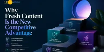 Marketing hero image announcing 'Why Fresh Content Is the New Competitive Advantage' with LE MARCOM logo; left column text and right 3D stacked steps illustrating benefits like trust, engagement, and commercial value.
