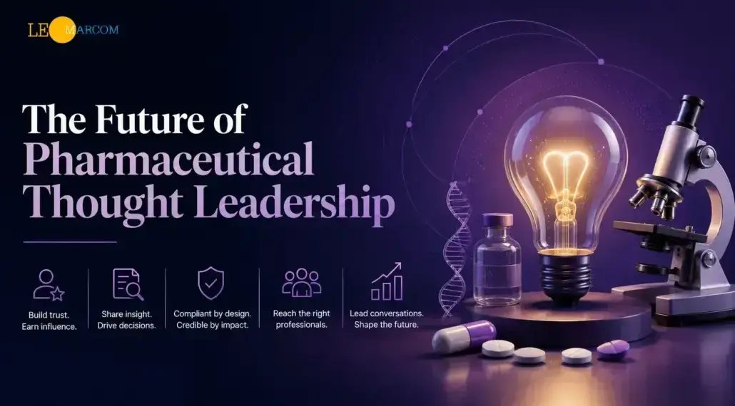 Banner showing a glowing lightbulb, microscope, pills, and a DNA strand with the headline 'The Future of Pharmaceutical Thought Leadership' on a dark gradient background.