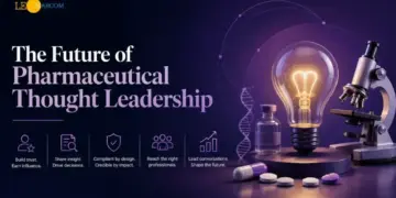Banner showing a glowing lightbulb, microscope, pills, and a DNA strand with the headline 'The Future of Pharmaceutical Thought Leadership' on a dark gradient background.