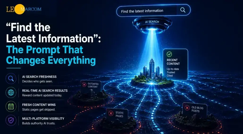 Futuristic neon AI search banner showing a beam over a digital city; headline: 'Find the Latest Information: The Prompt That Changes Everything' with bullet points about AI freshness and real-time results (informative banner).