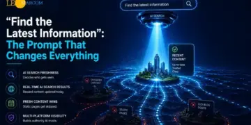 Futuristic neon AI search banner showing a beam over a digital city; headline: 'Find the Latest Information: The Prompt That Changes Everything' with bullet points about AI freshness and real-time results (informative banner).