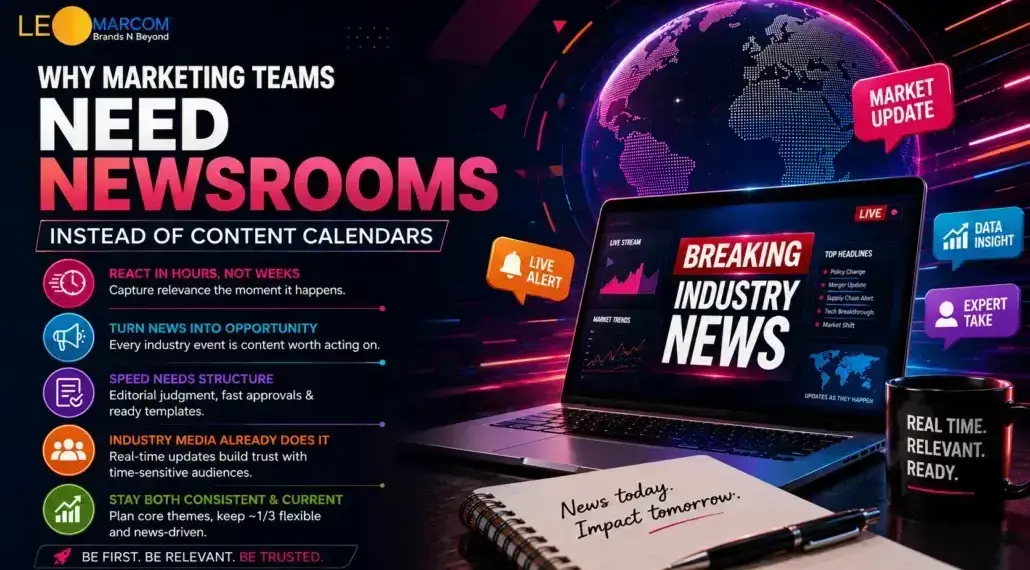 Marketing banner promoting 'Newsrooms' over content calendars, showing a laptop with 'Breaking Industry News' on screen and a glowing globe.