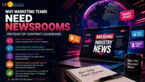 Marketing banner promoting 'Newsrooms' over content calendars, showing a laptop with 'Breaking Industry News' on screen and a glowing globe.