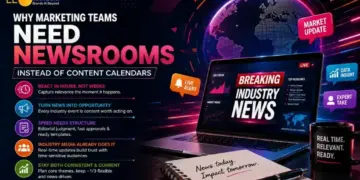 Marketing banner promoting 'Newsrooms' over content calendars, showing a laptop with 'Breaking Industry News' on screen and a glowing globe.
