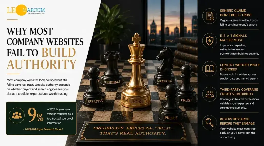 Infographic about building website authority: left headline 'Why most company websites fail to build authority' with key stat; central chessboard with authority-themed pieces; right column lists credibility factors like credibility, trust, proof, citations, and buyer research.