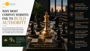 Infographic about building website authority: left headline 'Why most company websites fail to build authority' with key stat; central chessboard with authority-themed pieces; right column lists credibility factors like credibility, trust, proof, citations, and buyer research.